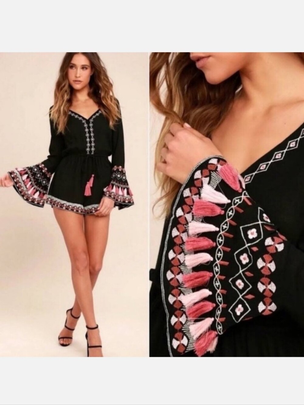 LULUS Hiatus Black/Pink/White Embroidered Romper Long Slvs Tassel Trim Sz XS NWT